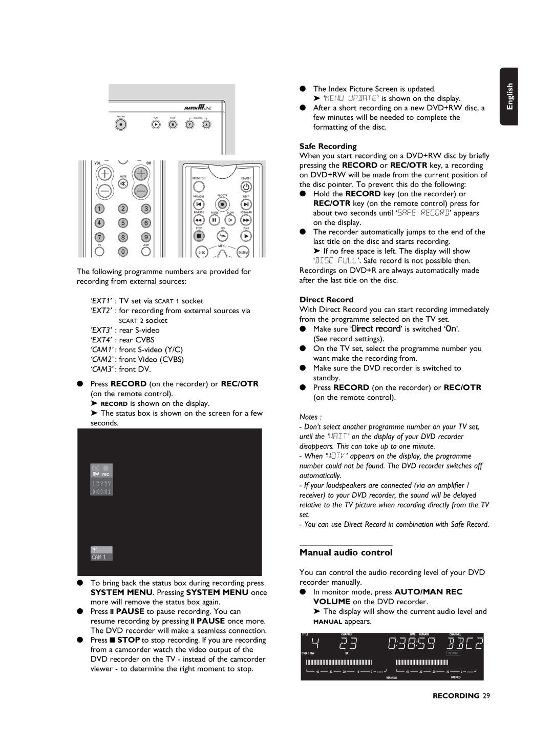 Philips DVDR990 manual Manual audio control, Safe Recording 