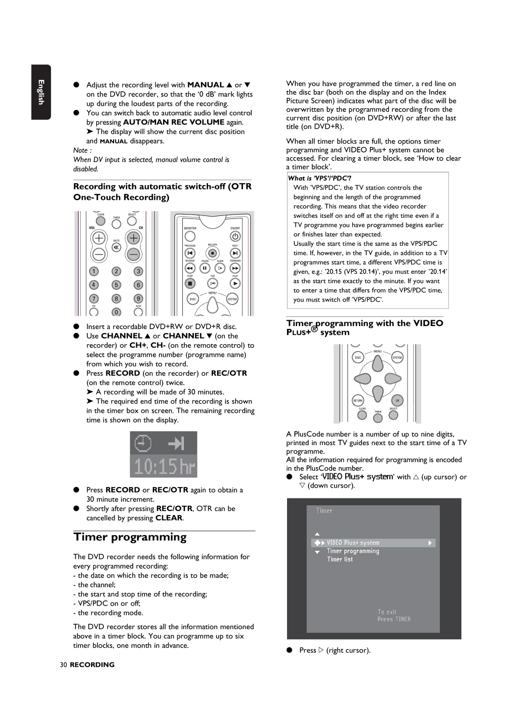 Philips DVDR990 manual Timer programming, Recording with automatic switch-off OTR One-Touch Recording, Press u right cursor 