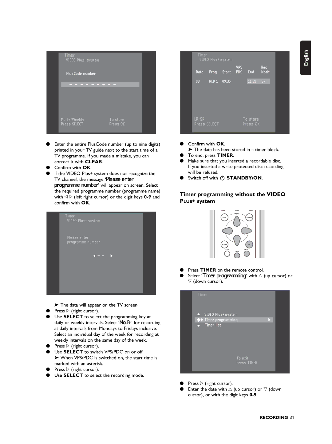 Philips DVDR990 manual Timer programming without the Video PLUS+ system 