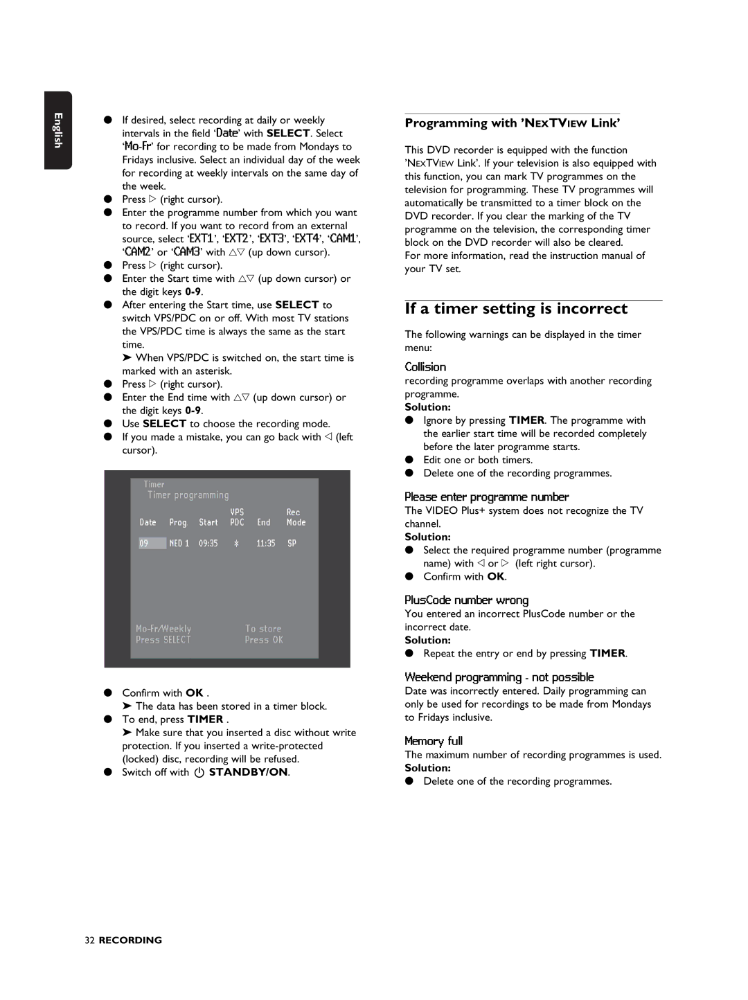 Philips DVDR990 manual If a timer setting is incorrect, Programming with ’NEXTVIEW Link’, Solution 