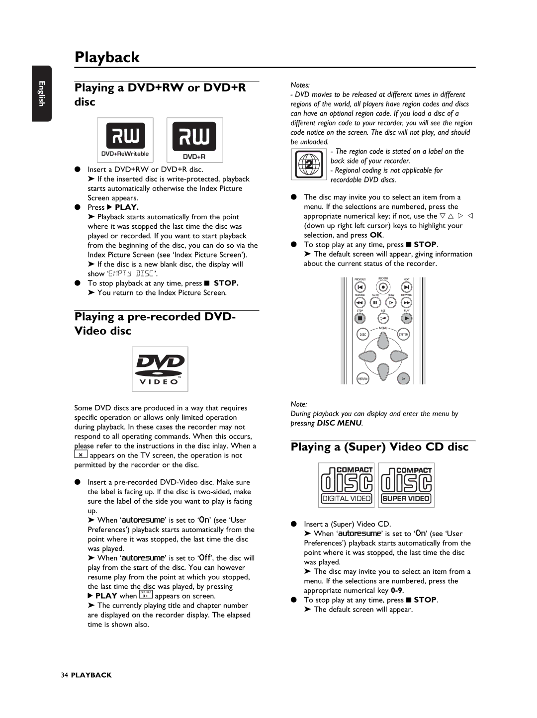 Philips DVDR990 manual Playback, Playing a DVD+RW or DVD+R disc, Playing a pre-recorded DVD- Video disc 