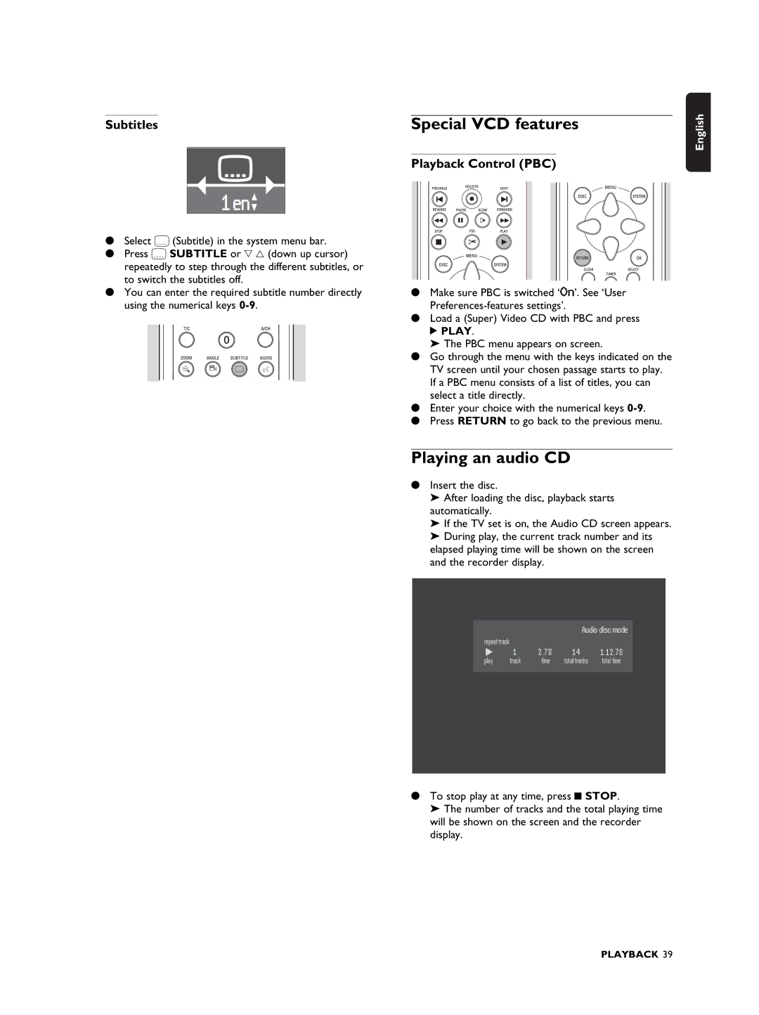 Philips DVDR990 manual Special VCD features, Playing an audio CD, Subtitles, Playback Control PBC 
