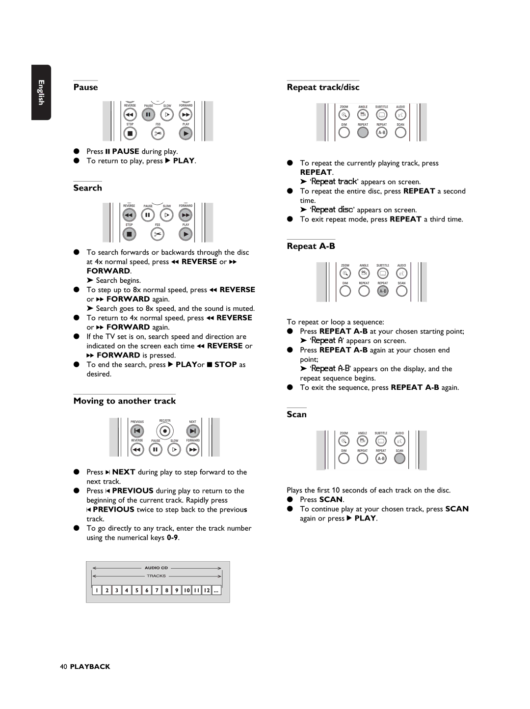 Philips DVDR990 Moving to another track, Repeat track/disc, Press Pause during play To return to play, press 2 Play 