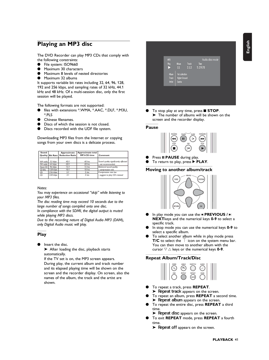 Philips DVDR990 manual Playing an MP3 disc, Moving to another album/track, Repeat Album/Track/Disc 