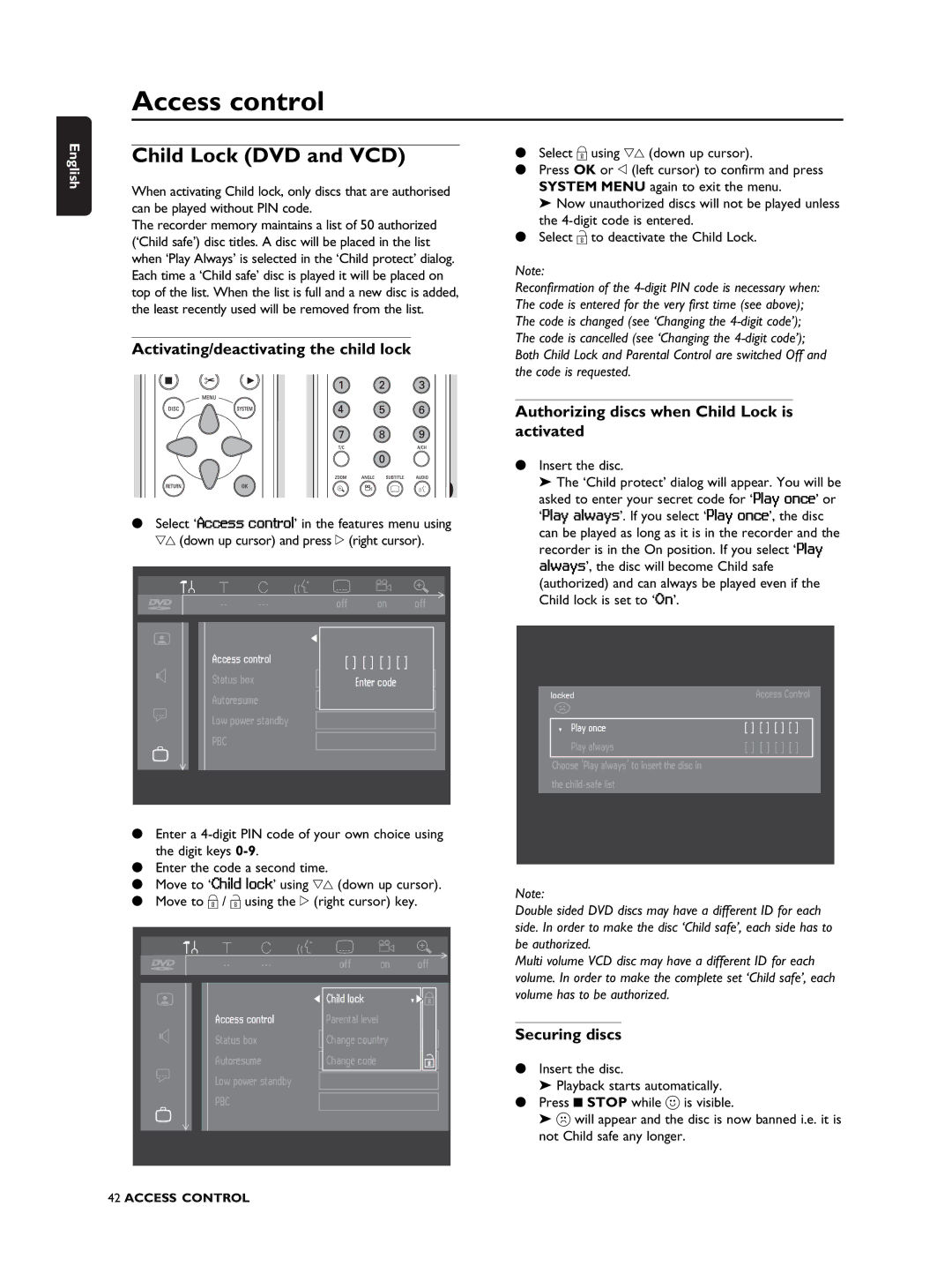 Philips DVDR990 manual Access control, Child Lock DVD and VCD, Activating/deactivating the child lock, Securing discs 