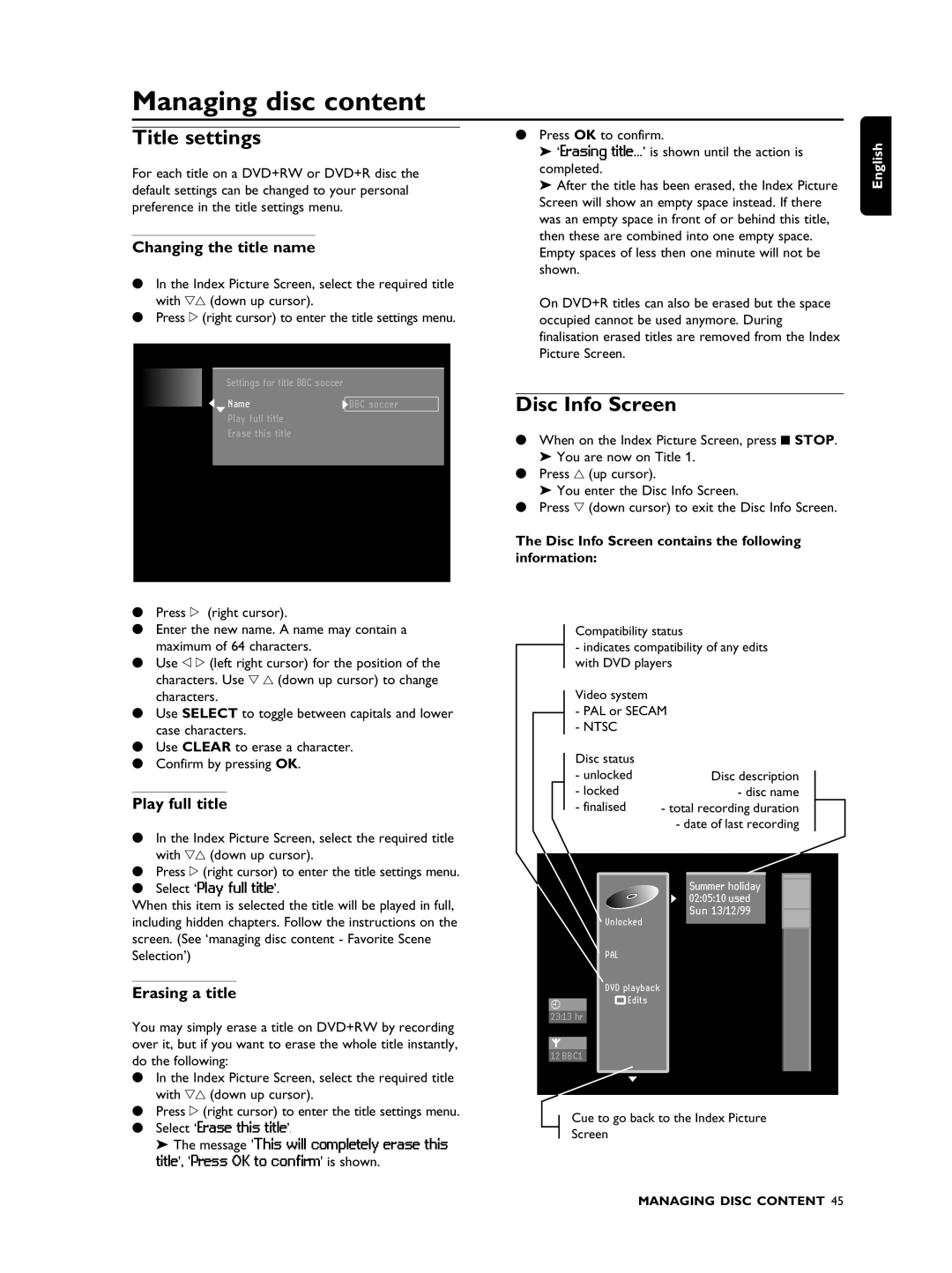 Philips DVDR990 manual Managing disc content, Title settings, Disc Info Screen 
