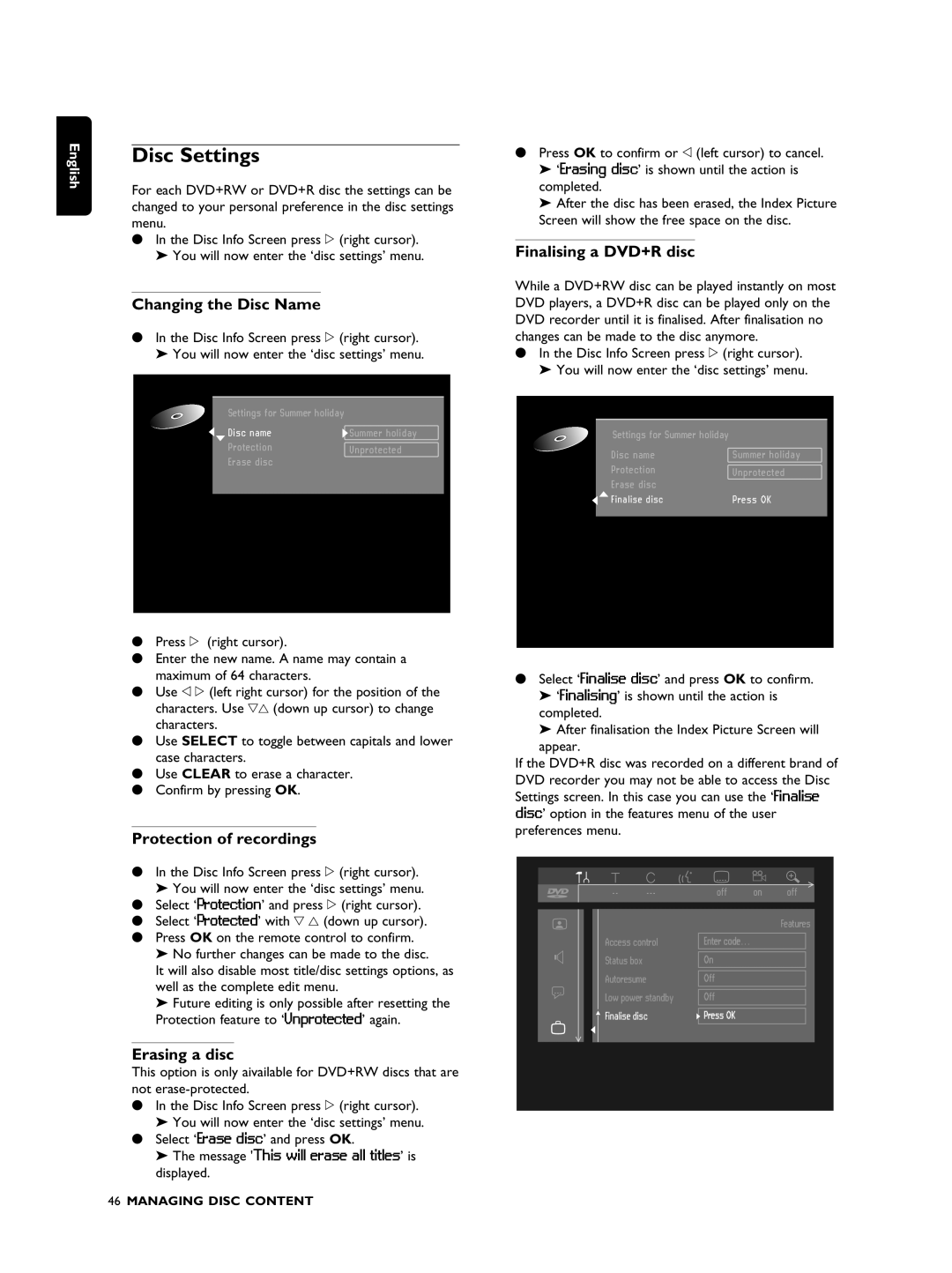 Philips DVDR990 Disc Settings, Changing the Disc Name, Protection of recordings, Erasing a disc, Finalising a DVD+R disc 