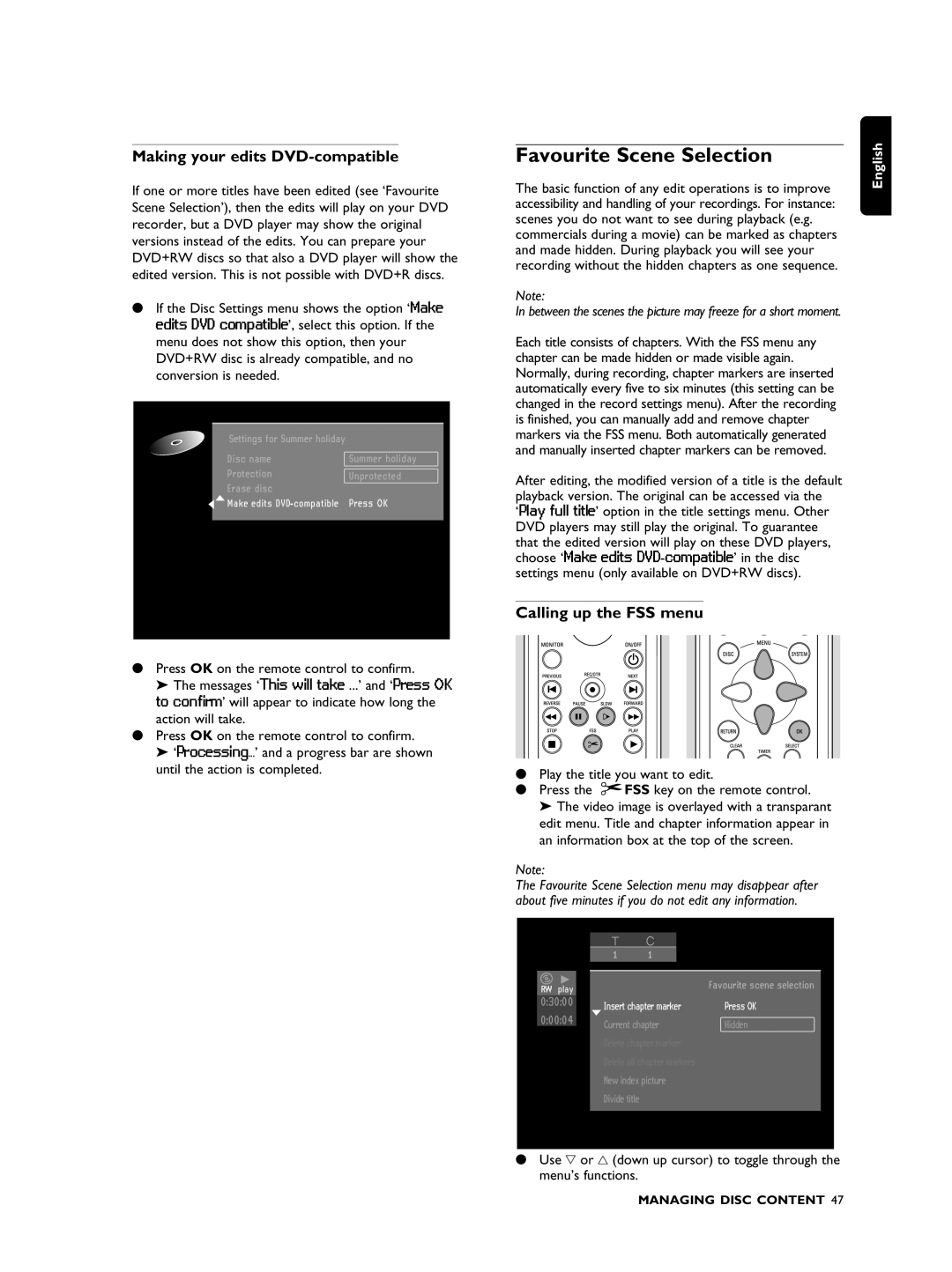 Philips DVDR990 manual Favourite Scene Selection, Making your edits DVD-compatible, Calling up the FSS menu 