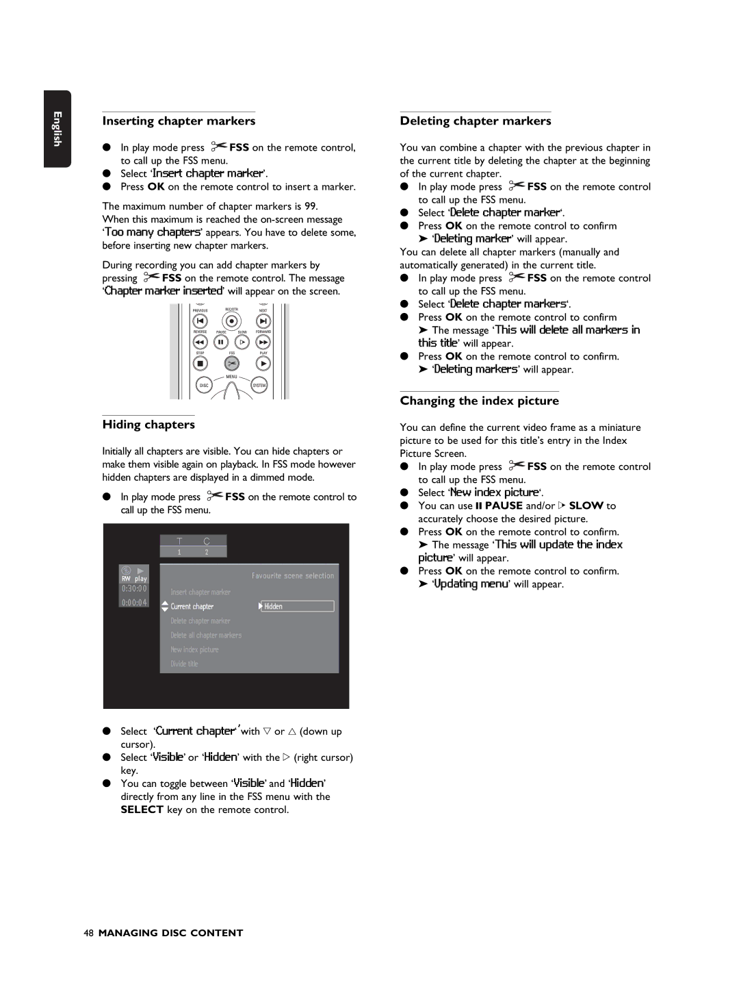 Philips DVDR990 manual Inserting chapter markers, Hiding chapters, Deleting chapter markers, Changing the index picture 