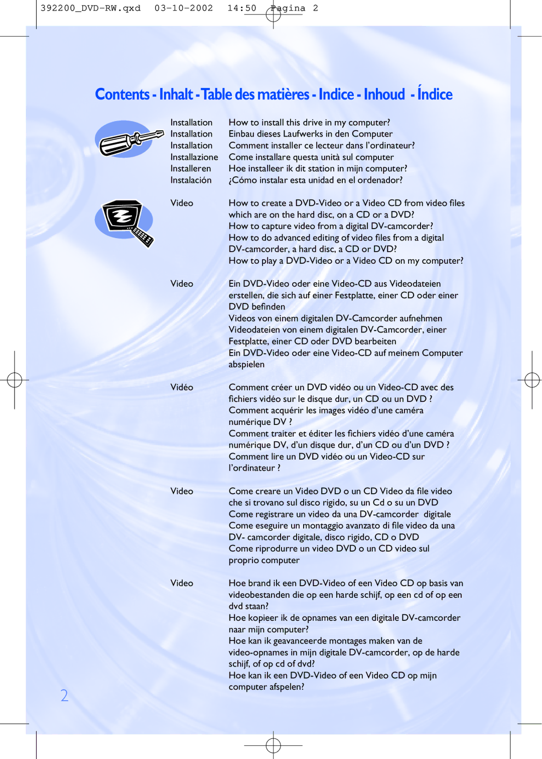 Philips DVDRW228 specifications Contents Inhalt -Table des matières Indice Inhoud Índice 