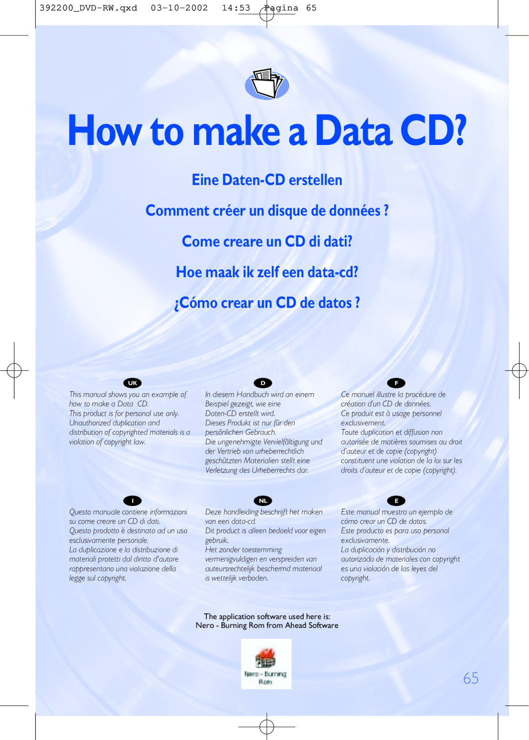 Philips DVDRW228 specifications How to make a Data CD? 