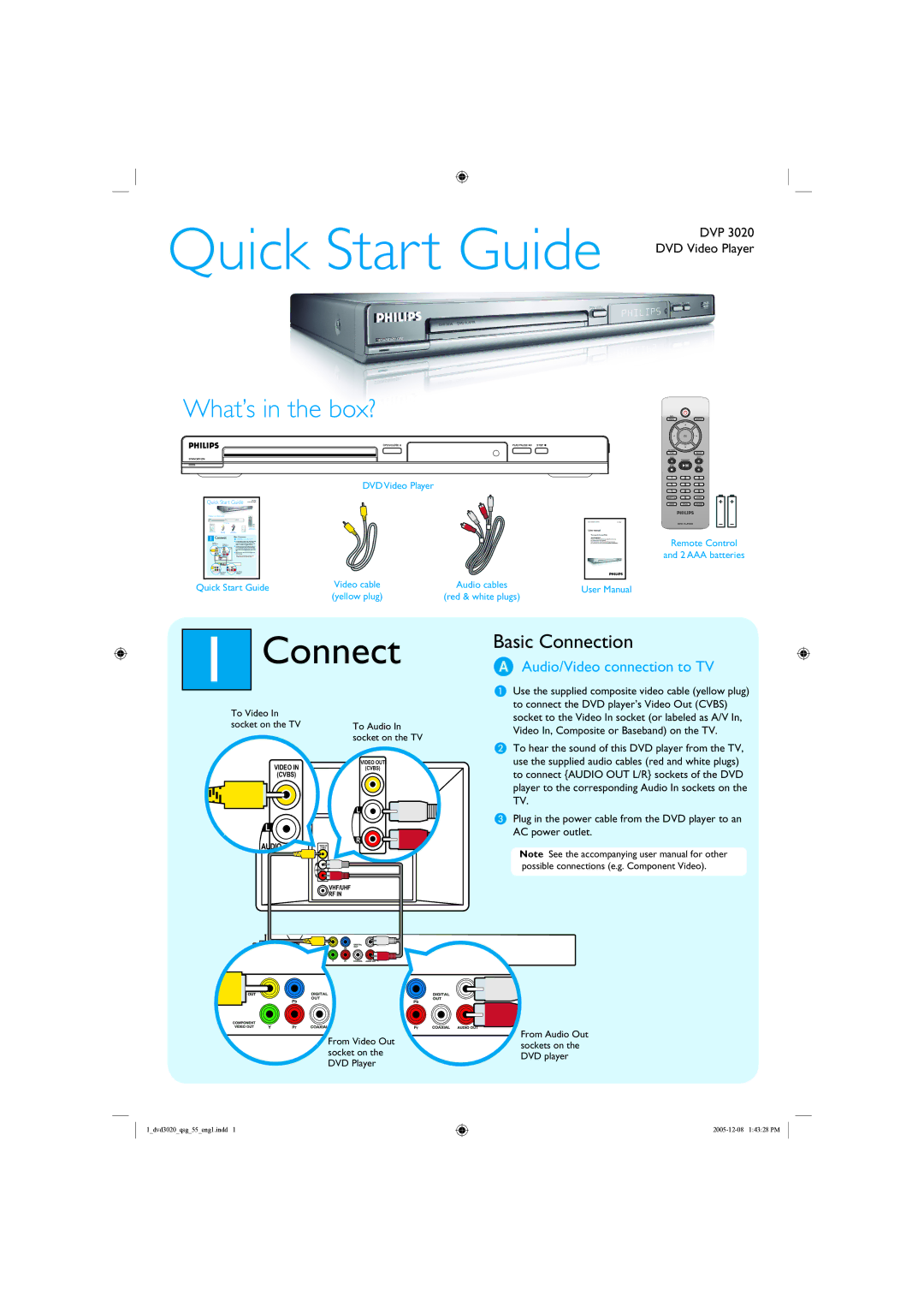 Philips DVP 3020 quick start Connect, Audio/Video connection to TV 