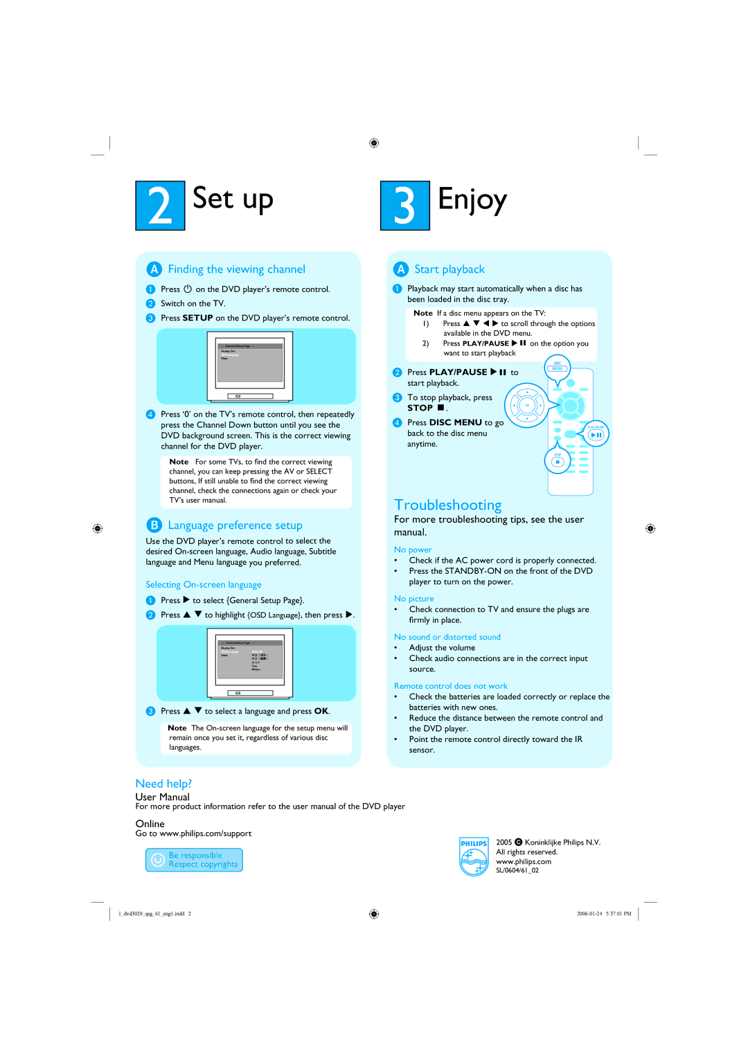 Philips DVP 3020 Set up Enjoy, Finding the viewing channel, Language preference setup, Start playback, Need help? 