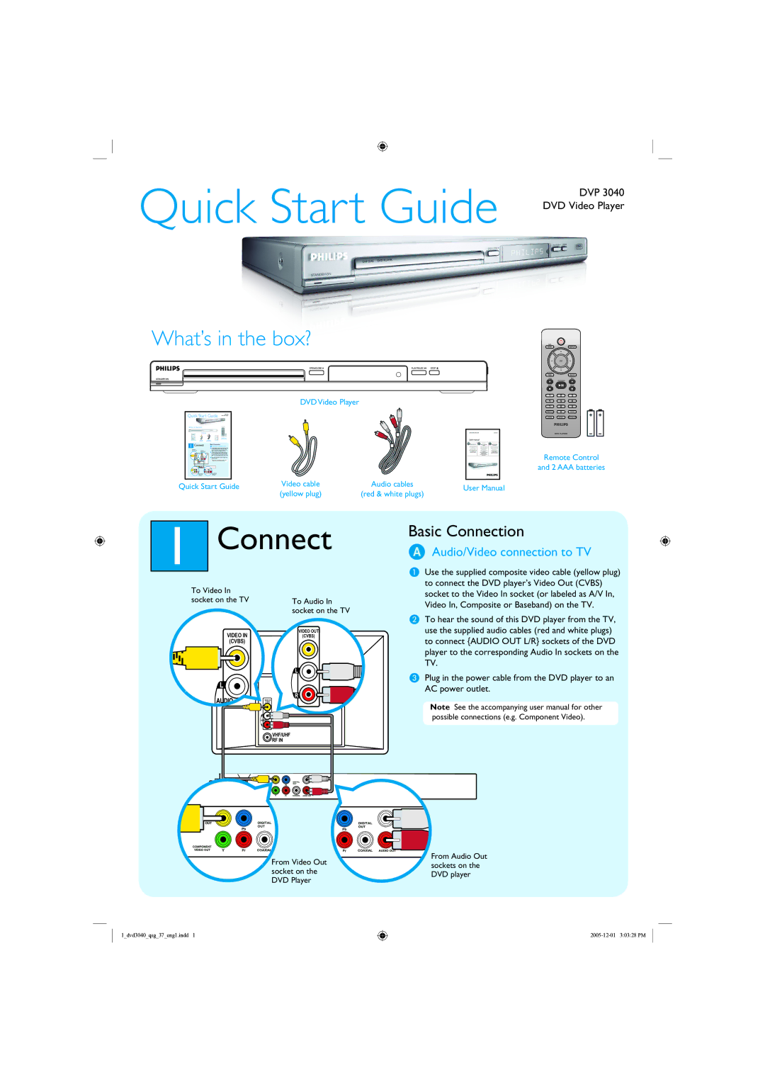 Philips DVP 3040 quick start Connect, Audio/Video connection to TV 