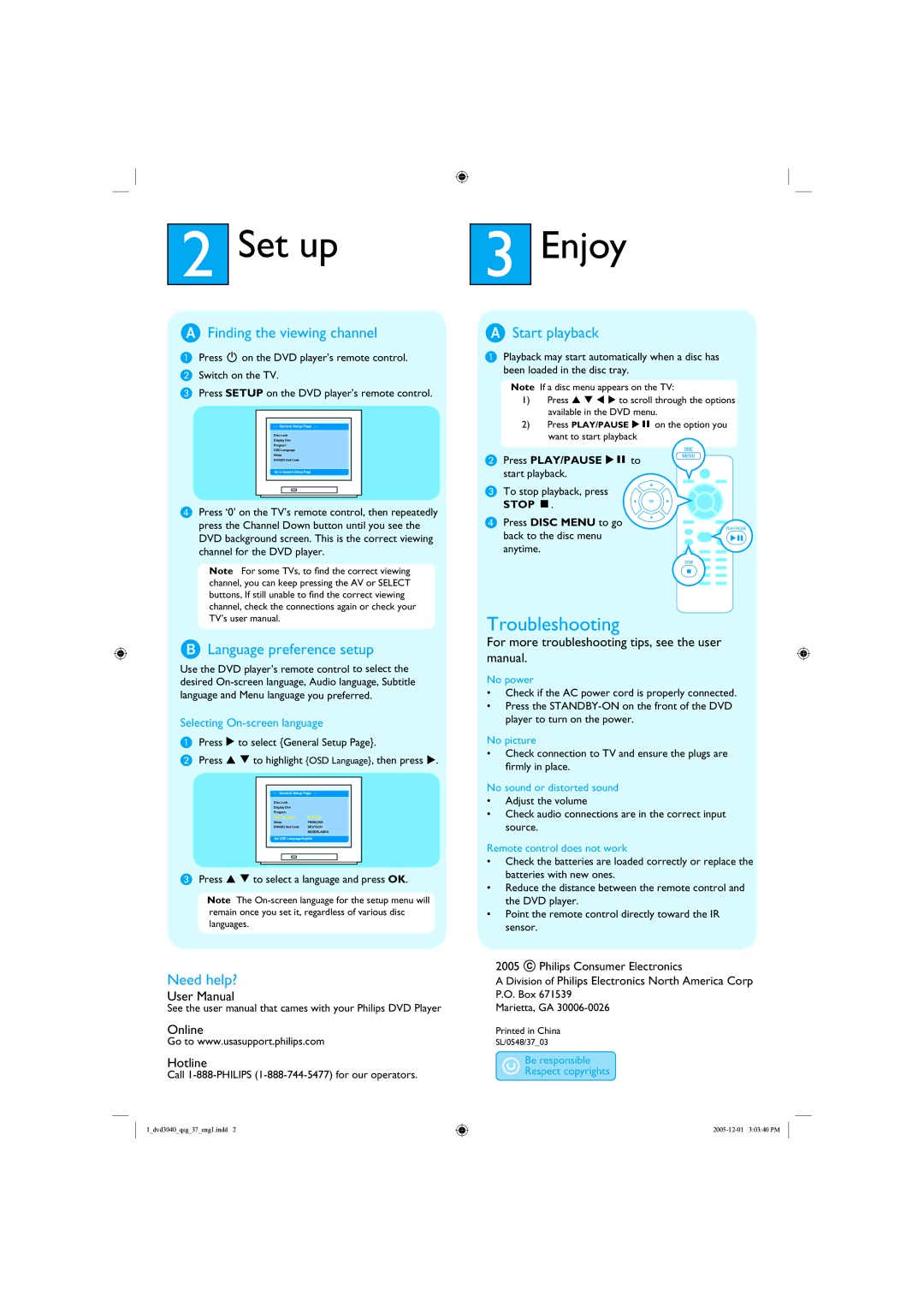 Philips DVP 3040 Set up Enjoy, Finding the viewing channel, Language preference setup, Start playback, Need help? 