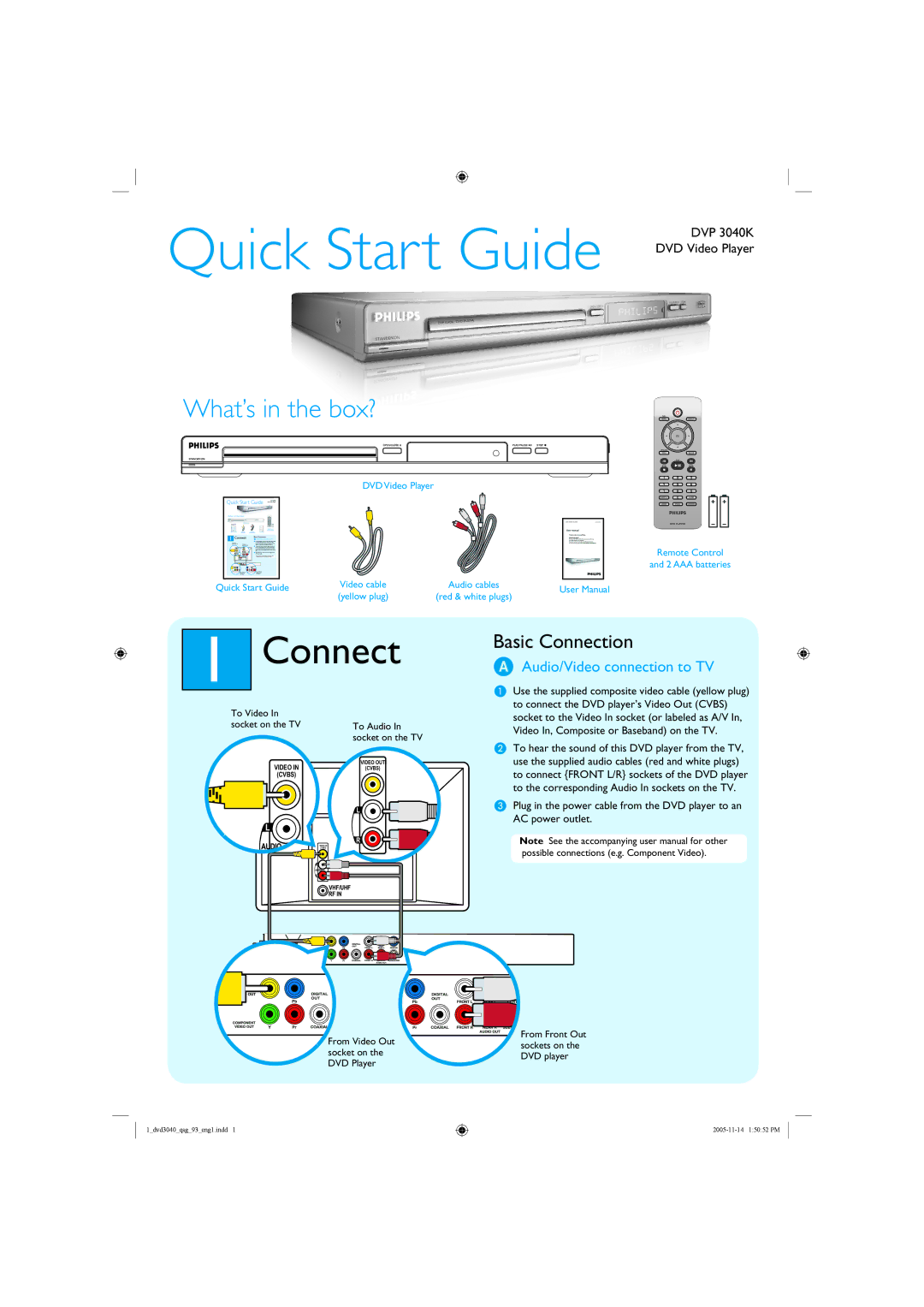 Philips DVP 3040K/93 quick start Connect, Audio/Video connection to TV 