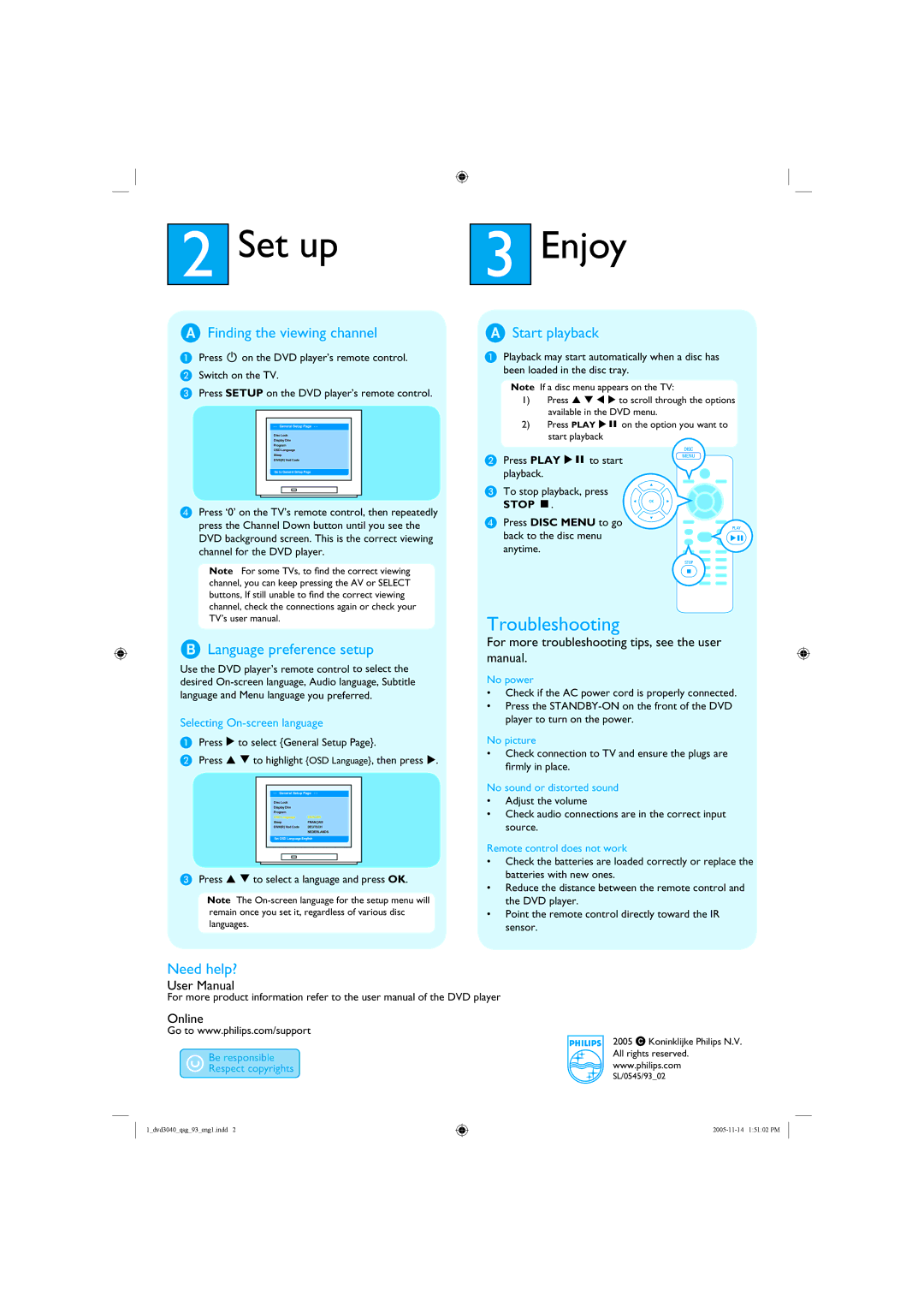 Philips DVP 3040K/93 Set up Enjoy, Finding the viewing channel, Language preference setup, Start playback, Need help? 