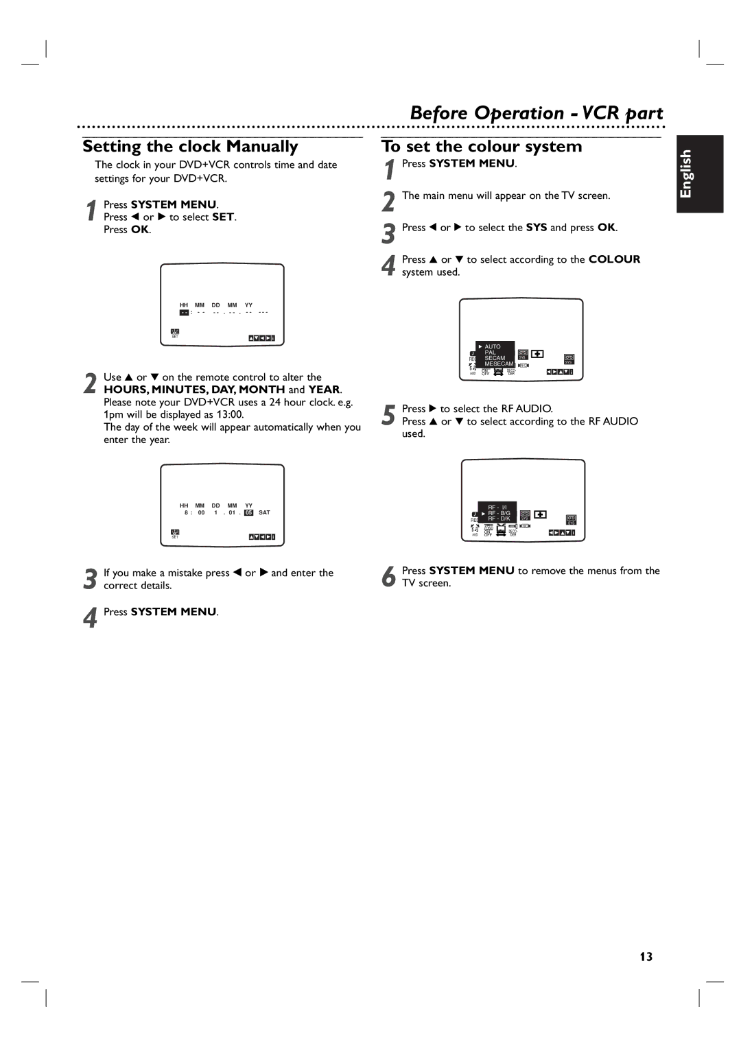 Philips DVP 3055V owner manual Setting the clock Manually, Press System Menu, Press b or B to select SET Press OK 