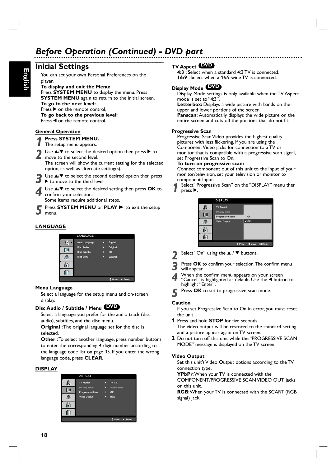 Philips DVP 3055V owner manual Initial Settings 