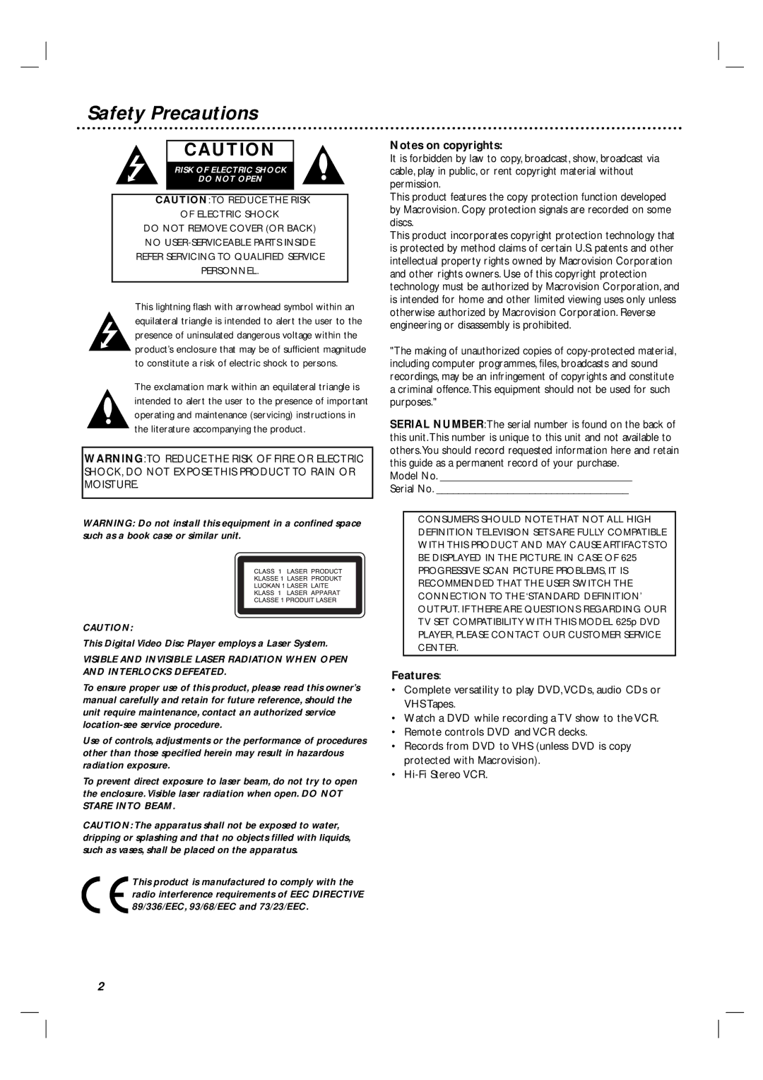 Philips DVP 3055V owner manual Safety Precautions, Model No Serial No, Features 