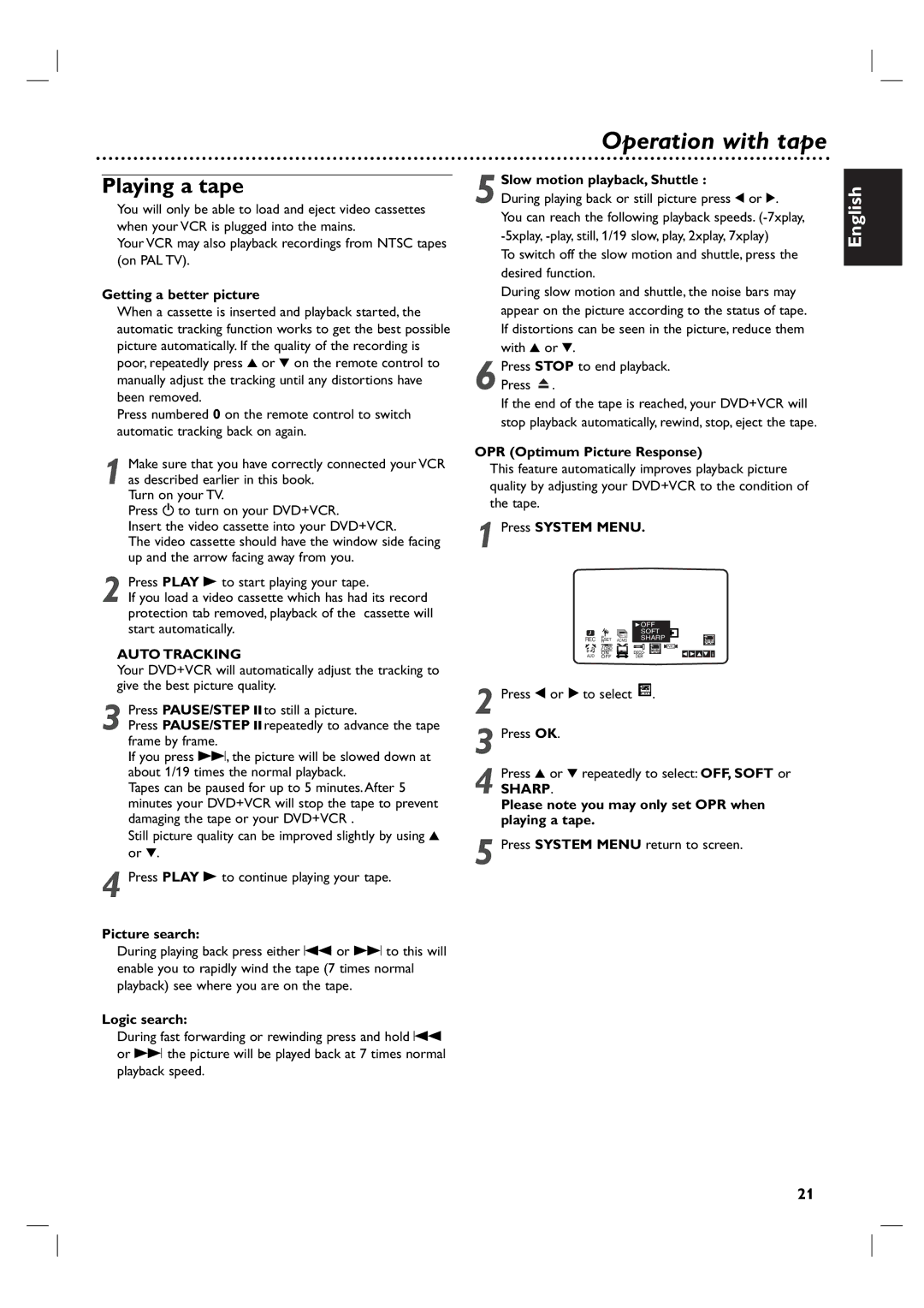 Philips DVP 3055V owner manual Operation with tape, Playing a tape 