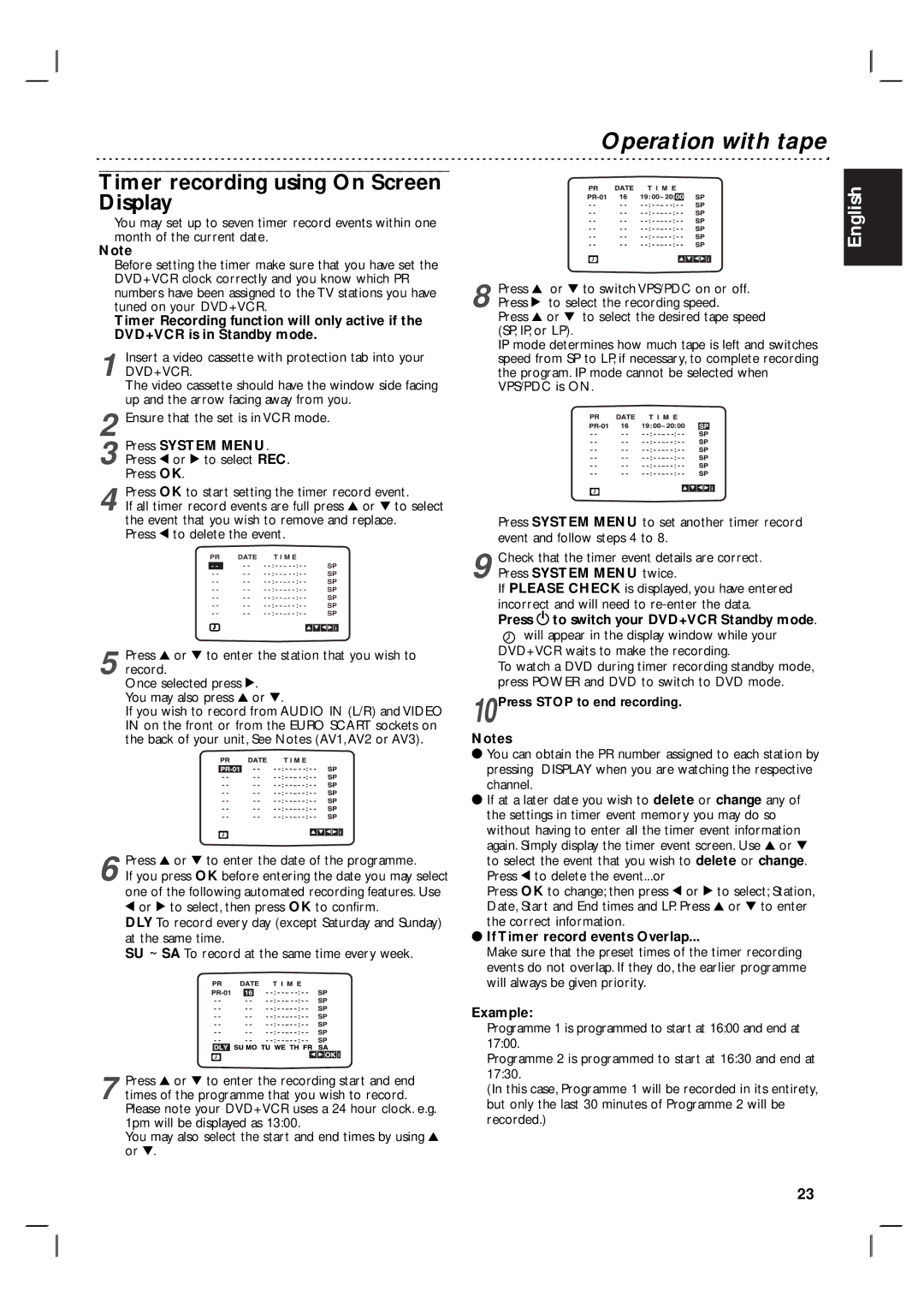 Philips DVP 3055V owner manual Timer recording using On Screen Display, Event that you wish to remove and replace, Example 