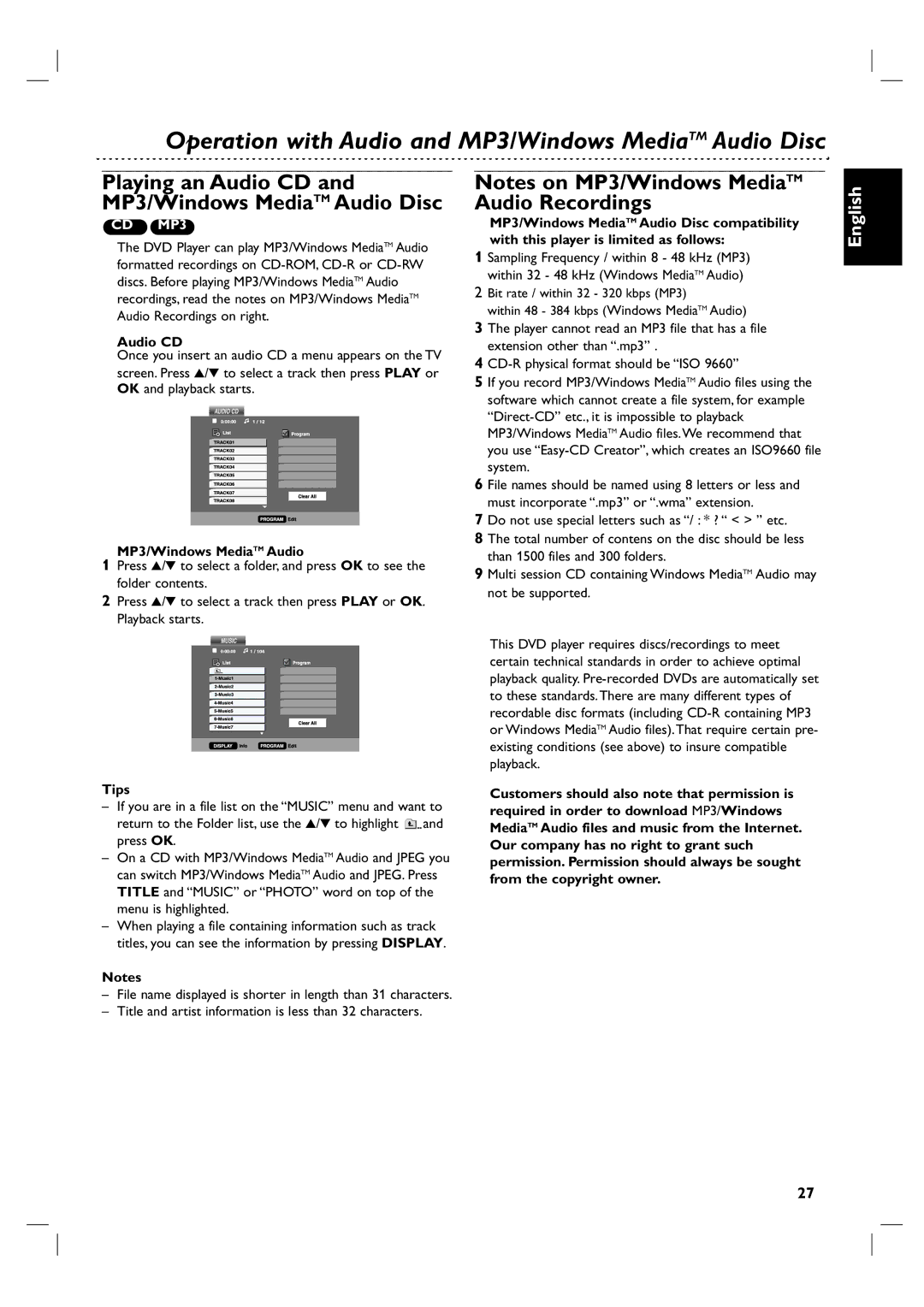 Philips DVP 3055V owner manual Operation with Audio and MP3/Windows MediaTM Audio Disc, Audio CD 