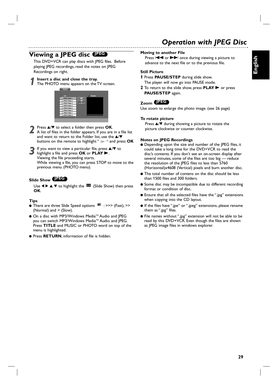 Philips DVP 3055V owner manual Operation with Jpeg Disc, Viewing a Jpeg disc Jpeg 