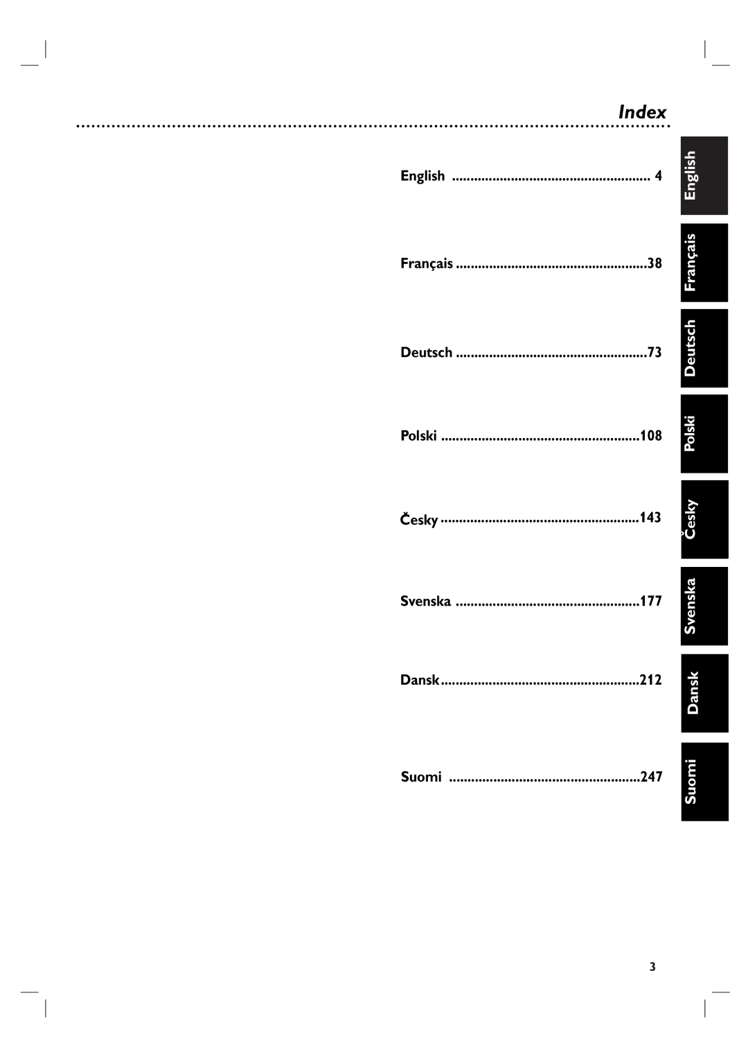 Philips DVP 3055V owner manual Index, English Français Deutsch Polski, Svenska 