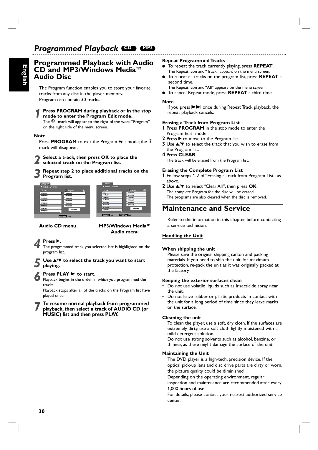 Philips DVP 3055V owner manual Programmed Playback CD MP3, Maintenance and Service 