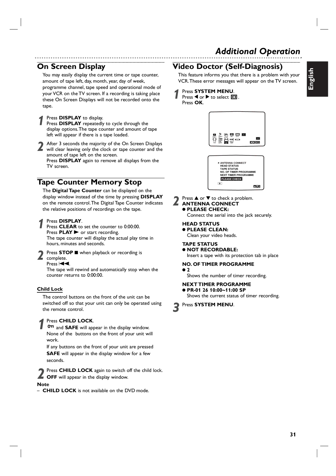 Philips DVP 3055V Additional Operation, On Screen Display, Tape Counter Memory Stop, Video Doctor Self-Diagnosis 