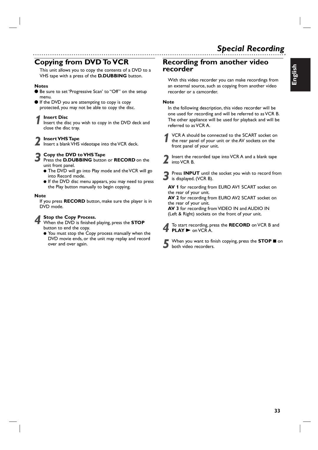 Philips DVP 3055V owner manual Special Recording, Copying from DVD To VCR, Recording from another video recorder 