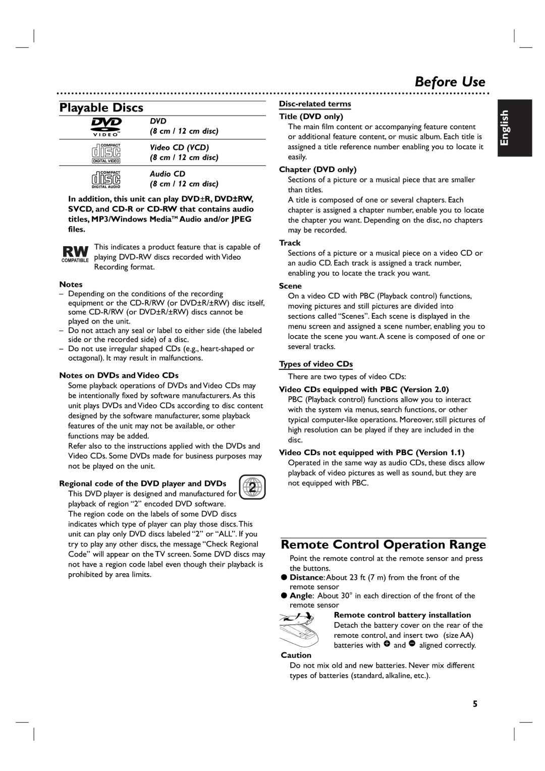 Philips DVP 3055V owner manual Before Use, Playable Discs, Remote Control Operation Range 