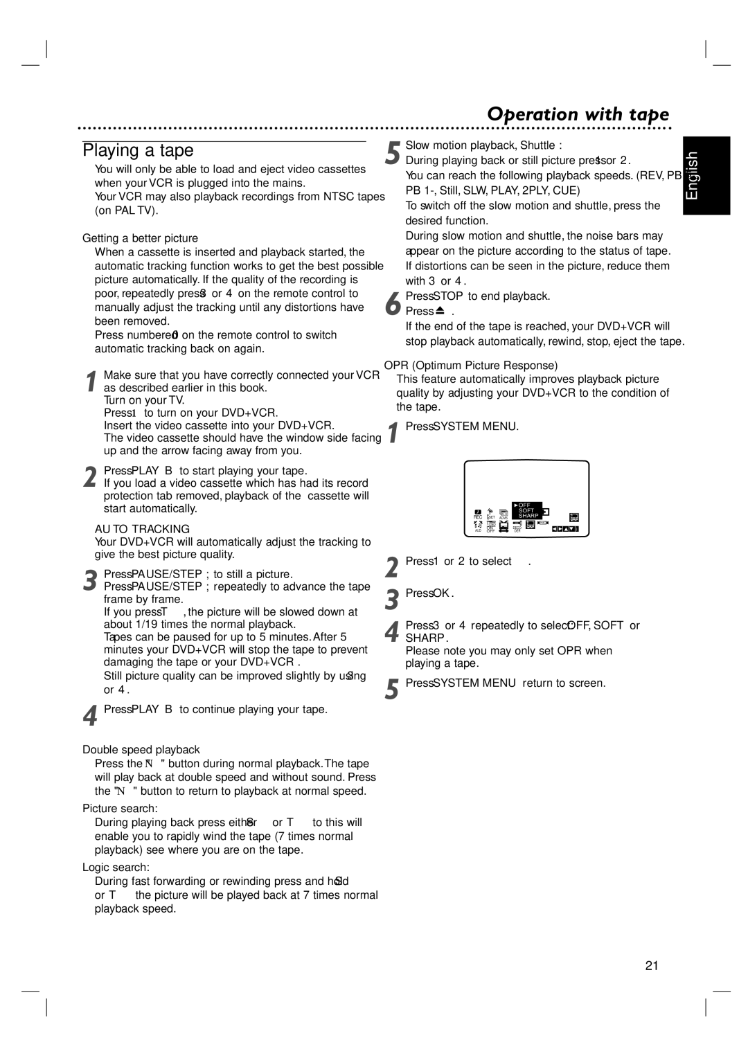 Philips DVP 3100V user manual Operation with tape, Playing a tape, Auto Tracking, Sharp 