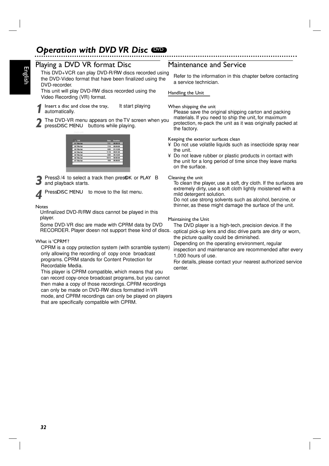 Philips DVP 3100V user manual Operation with DVD VR Disc DVD, Playing a DVD VR format Disc, Maintenance and Service 