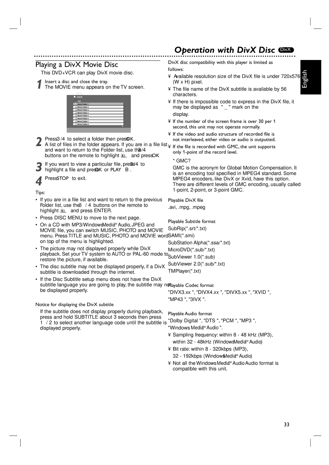 Philips DVP 3100V user manual Operation with DivX Disc DivX, Playing a DivX Movie Disc 