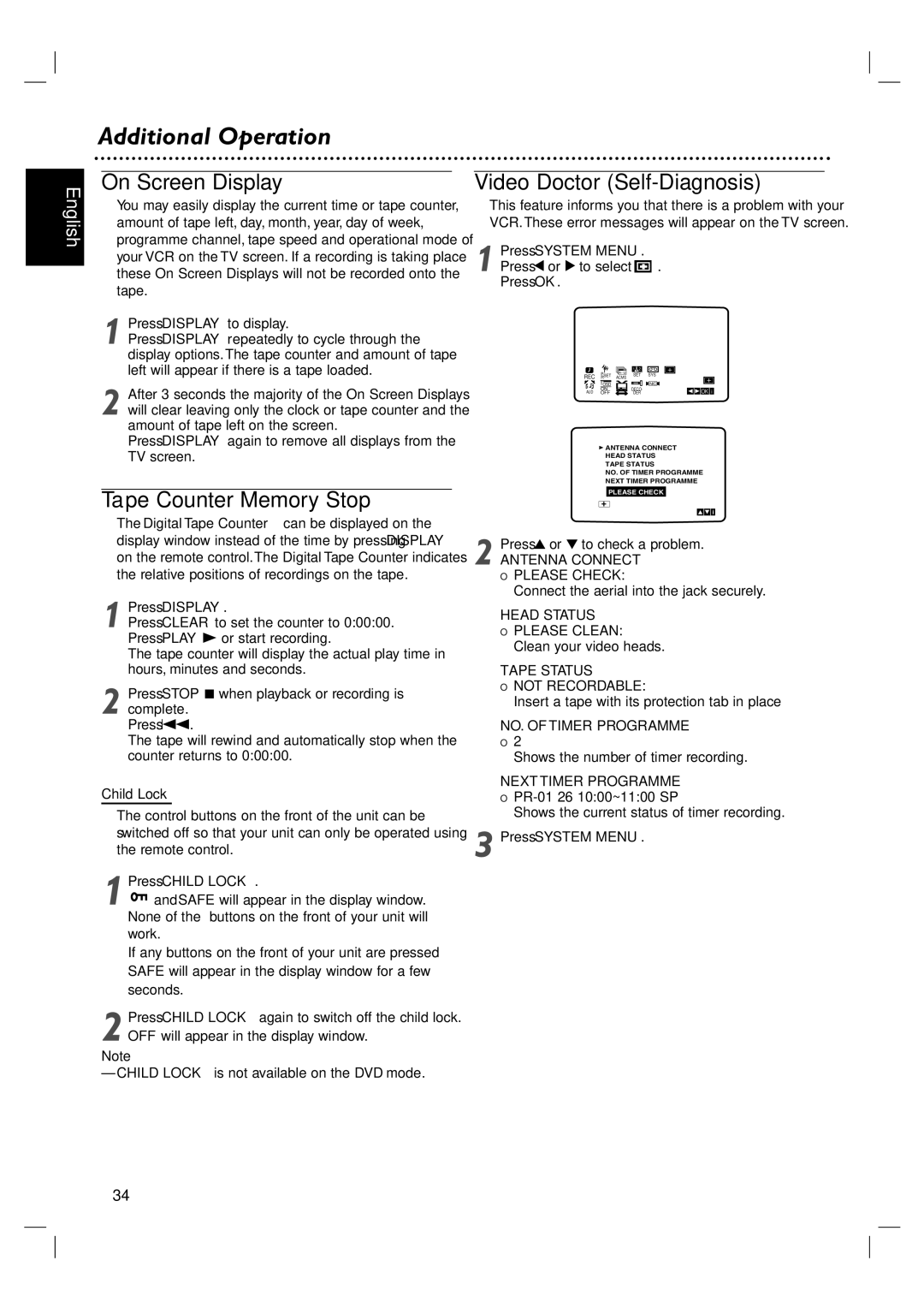 Philips DVP 3100V Additional Operation, On Screen Display, Tape Counter Memory Stop, Video Doctor Self-Diagnosis 