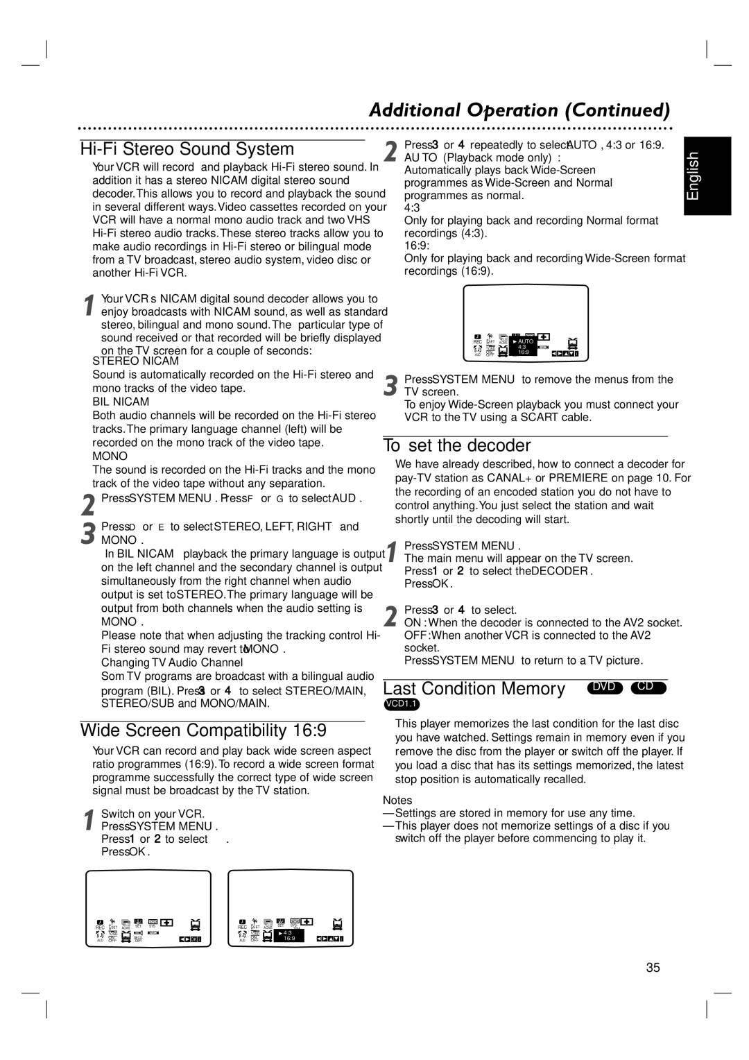 Philips DVP 3100V Hi-Fi Stereo Sound System, Wide Screen Compatibility, To set the decoder, Last Condition Memory DVD CD 