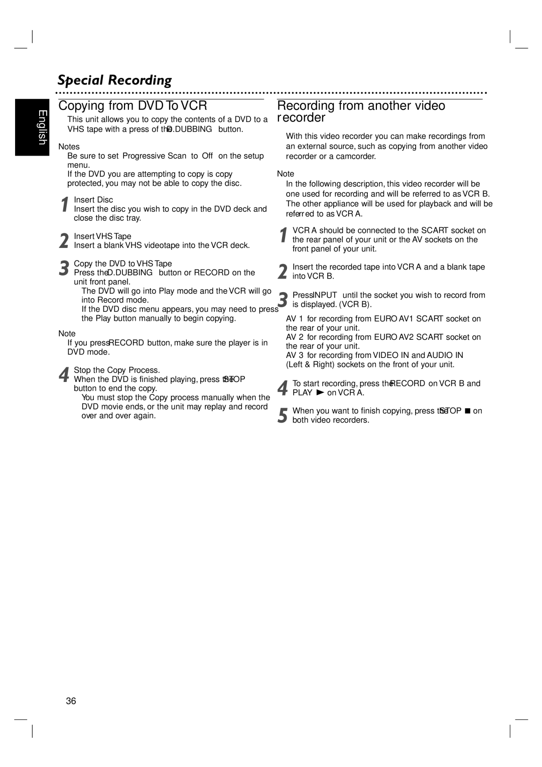 Philips DVP 3100V user manual Special Recording, Copying from DVD To VCR, Recording from another video recorder 