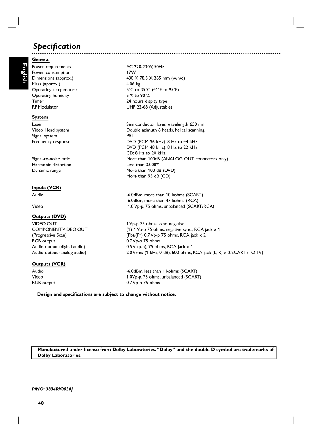 Philips DVP 3100V user manual Specification 