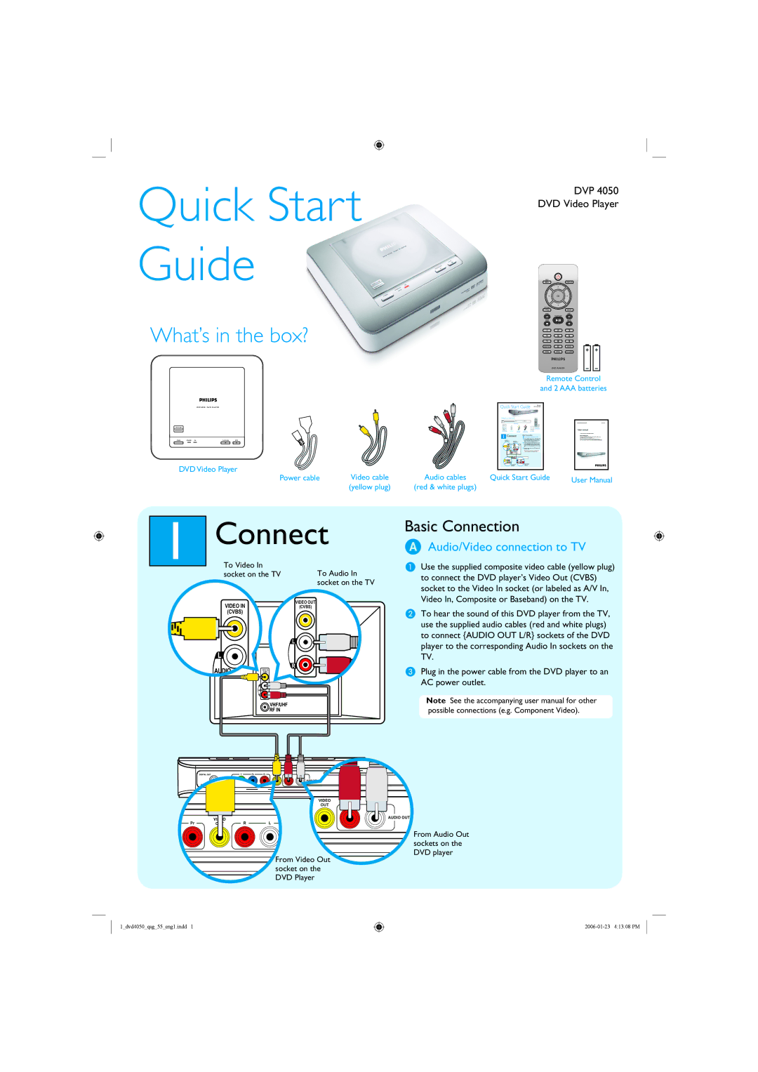 Philips DVP 4050 quick start Connect, Audio/Video connection to TV 