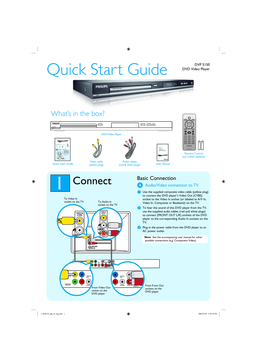 Philips DVP 5150 quick start Connect, Audio/Video connection to TV 