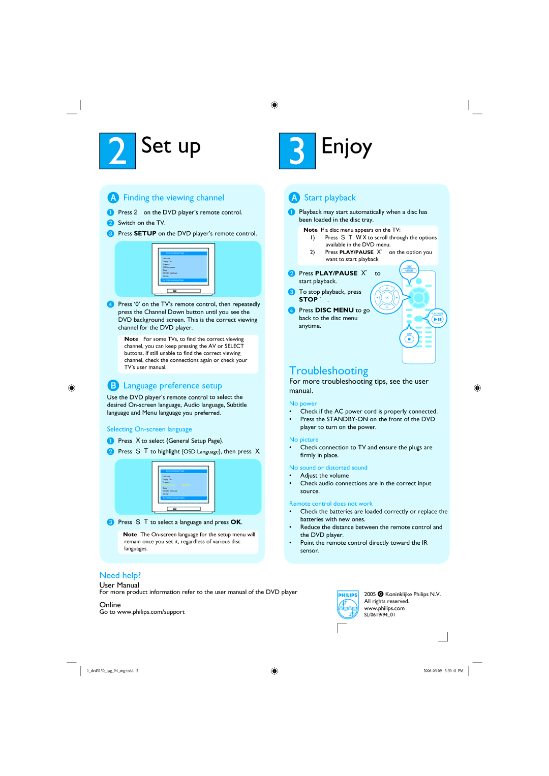 Philips DVP 5150 Set up Enjoy, Finding the viewing channel, Language preference setup, Start playback, Need help? 