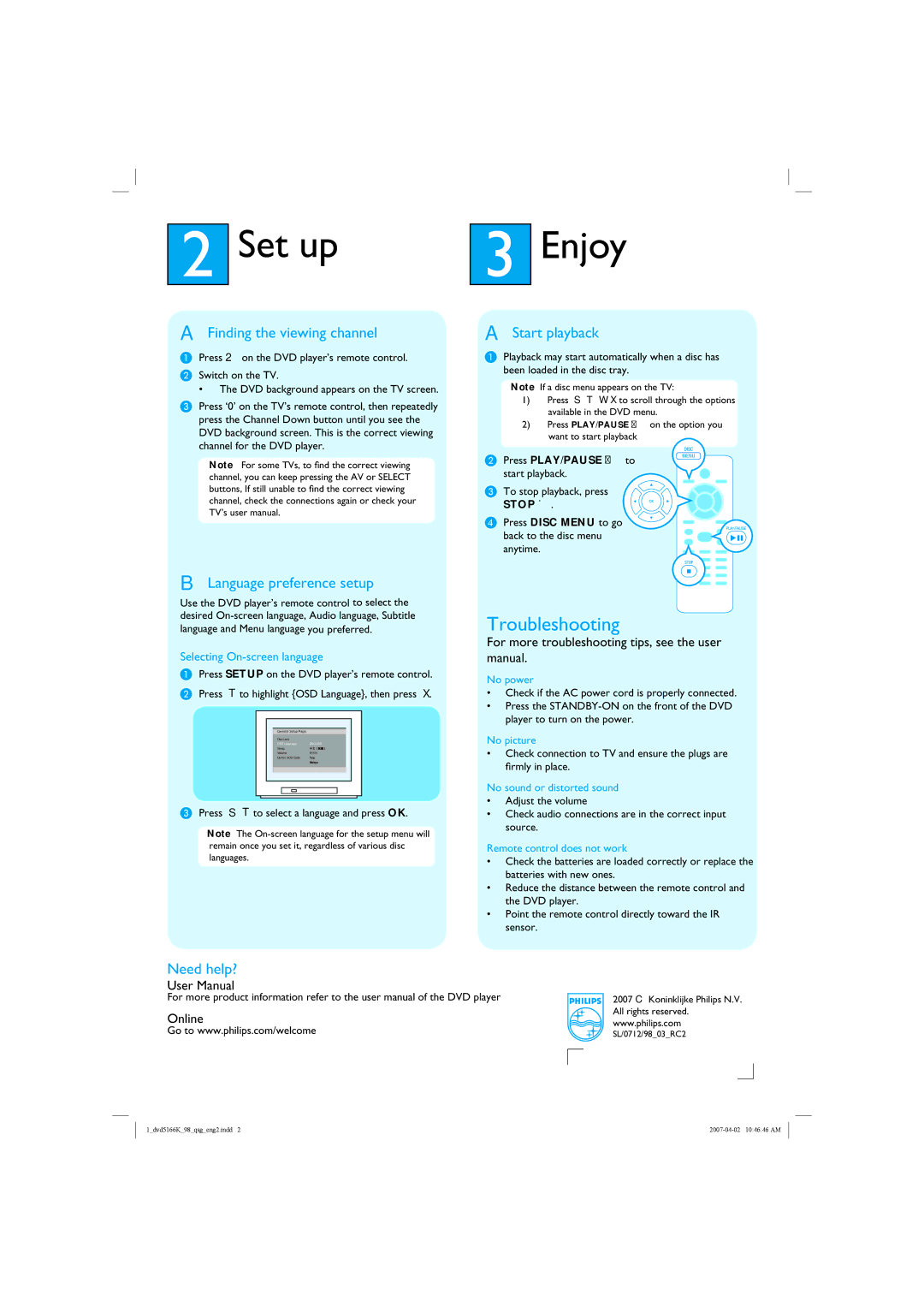 Philips DVP 5166K Set up Enjoy, Finding the viewing channel, Language preference setup, Start playback, Need help? 