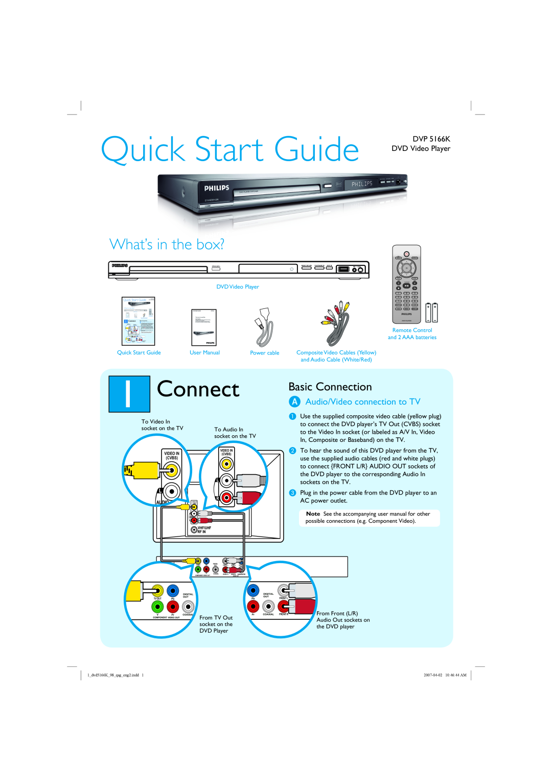 Philips DVP 5166K quick start Connect, A Audio/Video connection to TV, Quick Start Guide, What’s in the box? 