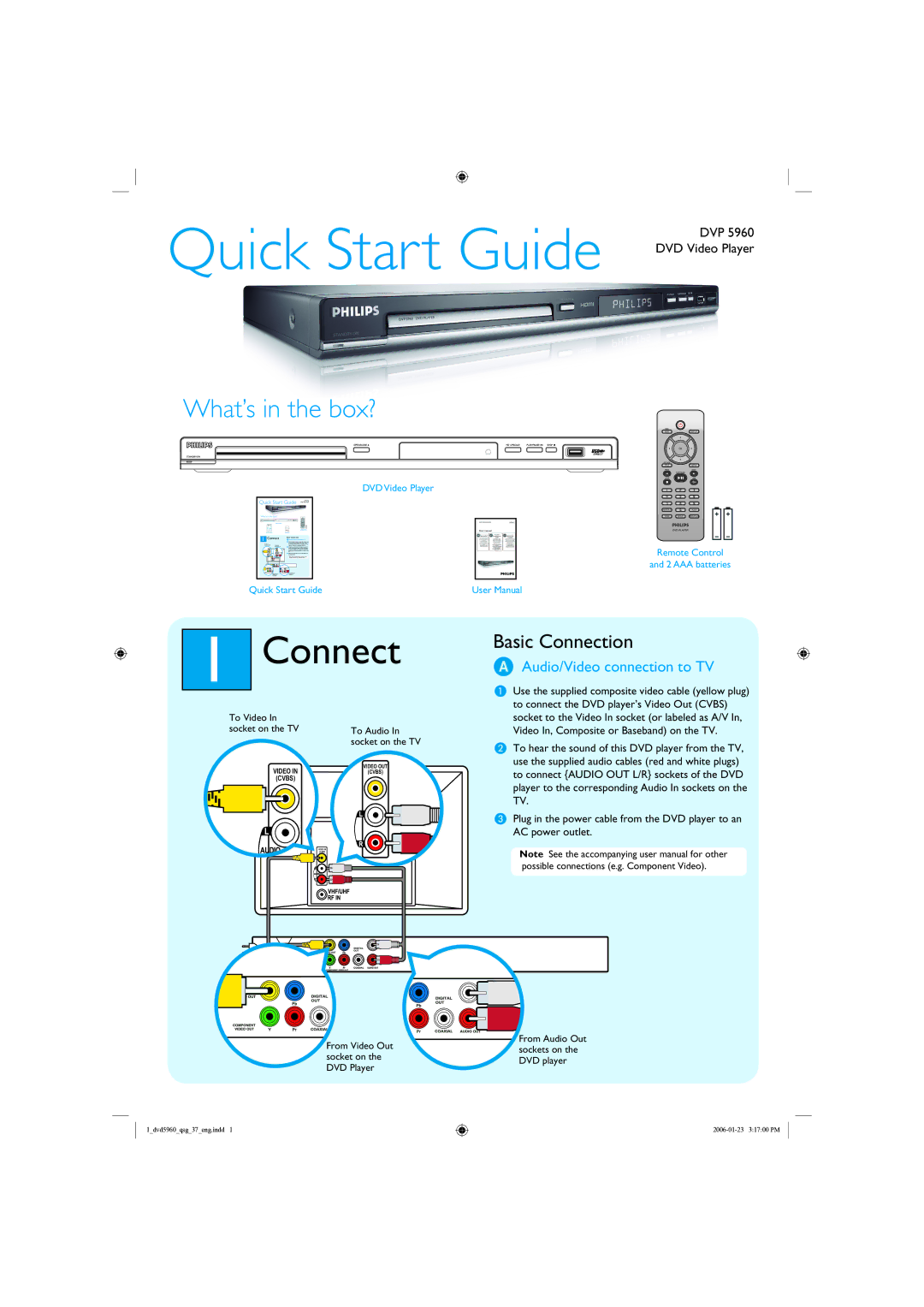 Philips DVP 5960 quick start Connect, Audio/Video connection to TV 