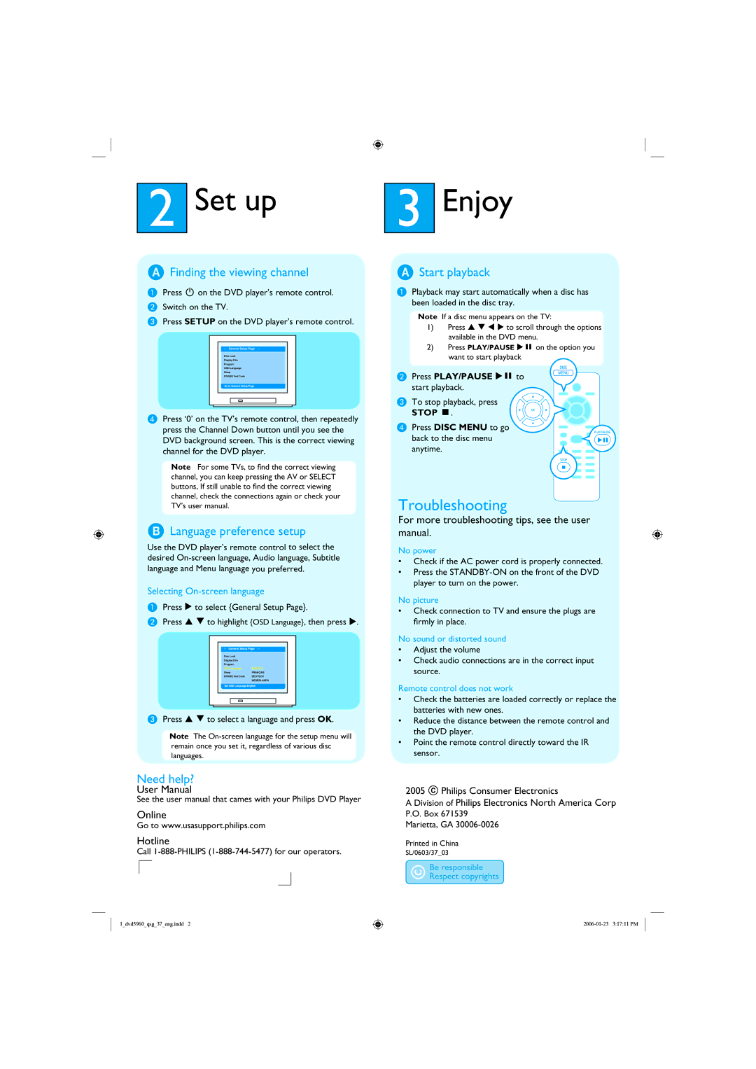 Philips DVP 5960 quick start Set up, Enjoy 