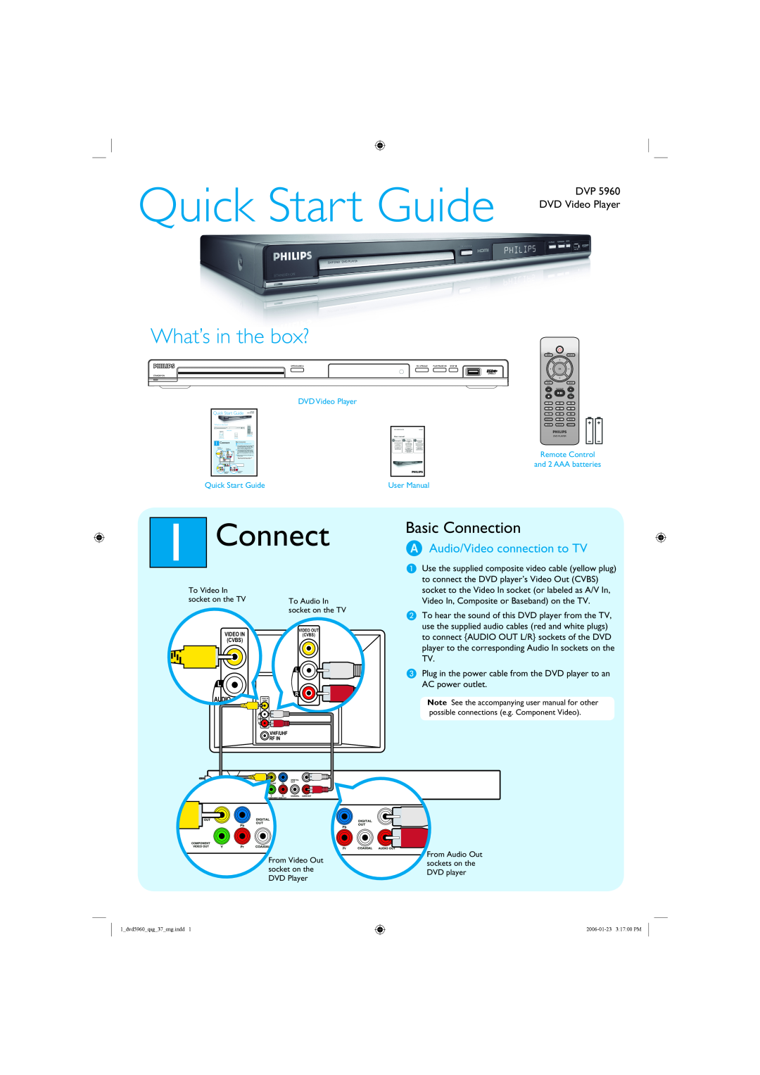 Philips quick start Connect, A Audio/Video connection to TV, DVP 5960 DVD Video Player, Quick Start Guide 