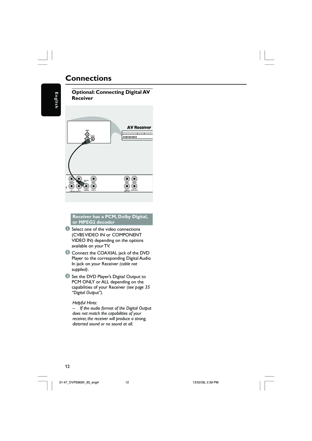 Philips DVP 5965K user manual Optional Connecting Digital AV, Receiver has a PCM, Dolby Digital, or MPEG2 decoder 