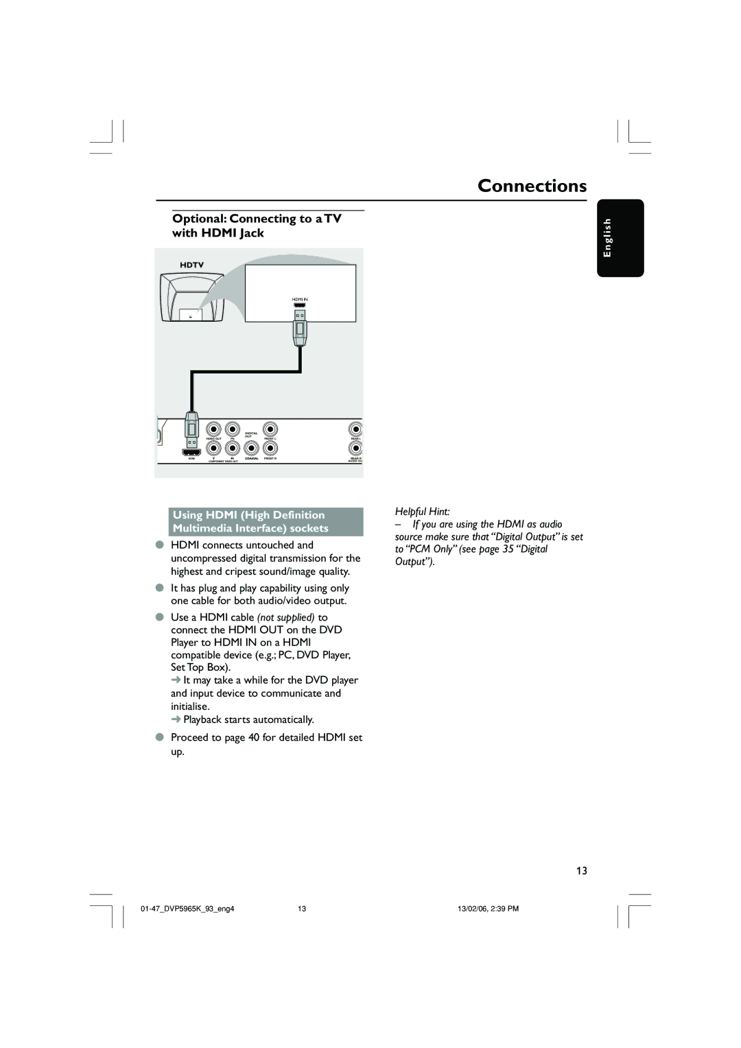 Philips DVP 5965K Optional Connecting to a TV with Hdmi Jack, Using Hdmi High Definition Multimedia Interface sockets 